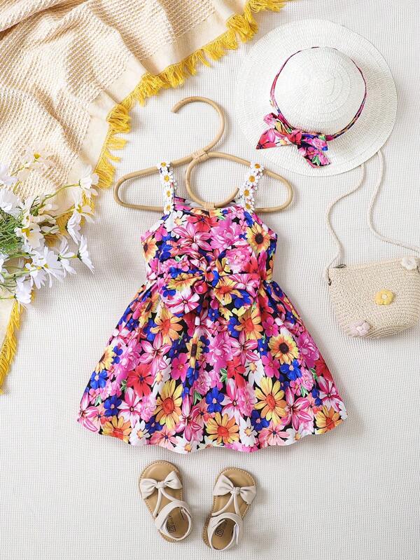 SHEIN Baby Floral Print Bow Front Cami Dress & Accessory Hat