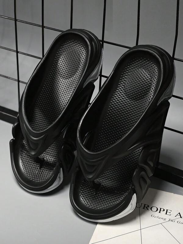 Cool Black Slippers For Men, Texture Embossed Flip Flops