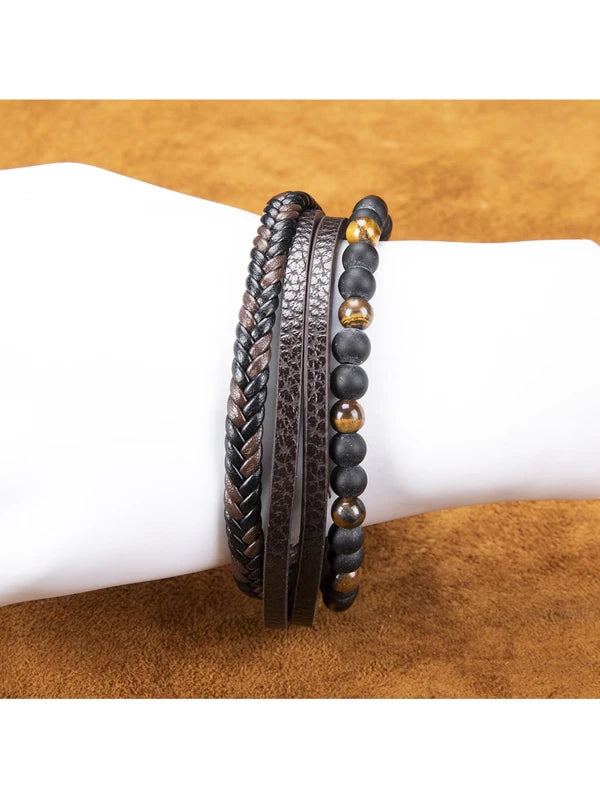 1pc Simple Braided Bracelet With Natural Tiger Eye Stone, Stainless Steel And Multiple Layers Of Pu Leather, Suitable For Daily Wear By Men And Women