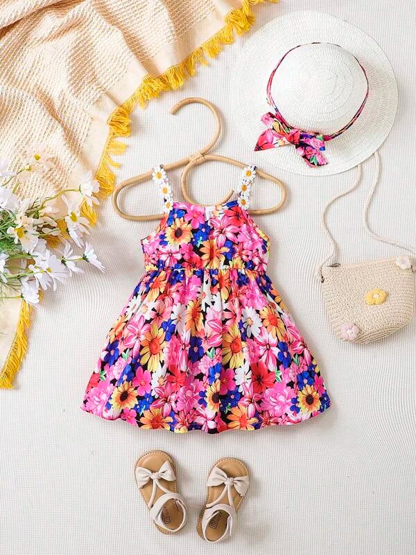 SHEIN Baby Floral Print Bow Front Cami Dress & Accessory Hat