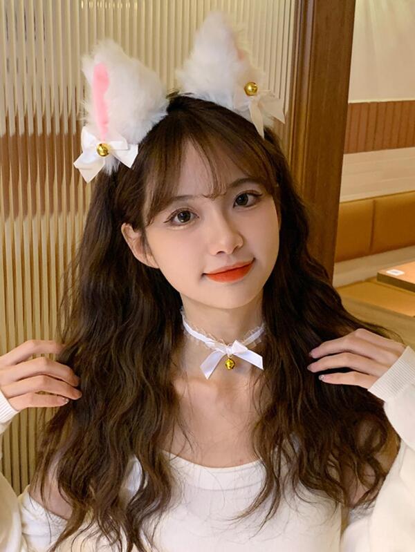 Fuzzy Cat Ear & Bow Decor Costume Headband