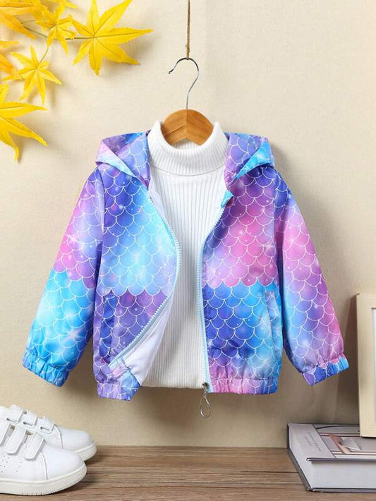 Young Girl Fish Scales Print Zip Up Hooded Jacket Without Sweater