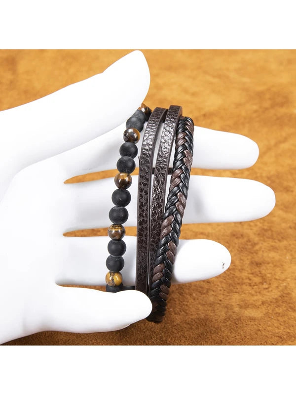 1pc Simple Braided Bracelet With Natural Tiger Eye Stone, Stainless Steel And Multiple Layers Of Pu Leather, Suitable For Daily Wear By Men And Women