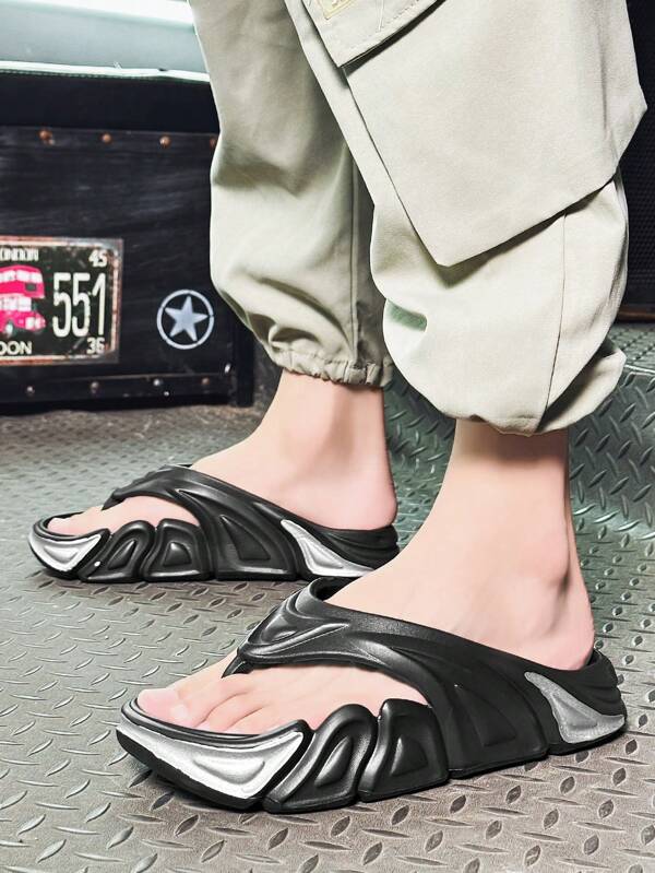 Cool Black Slippers For Men, Texture Embossed Flip Flops