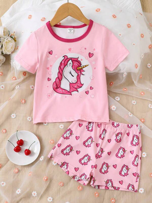 Toddler Girls Unicorn & Heart Print Contrast Binding PJ Set