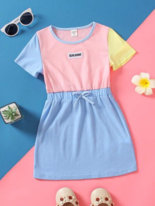 Young Girls' Casual Color Block Embroidery Patchwork Sports Short-sleeved Dress With Bow Tie, Breathable, Suitable For Outdoor Park Exercise In Summer