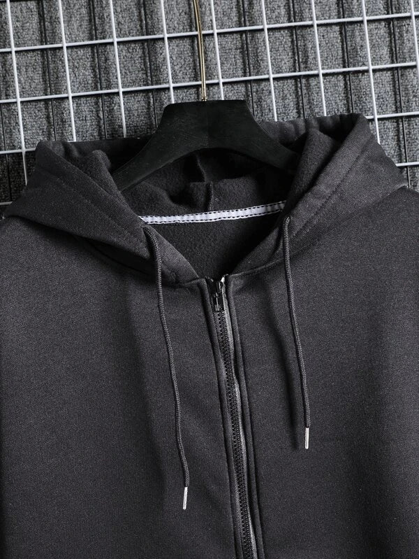 Men Slant Pockets Zip Up Drawstring Thermal Hoodie