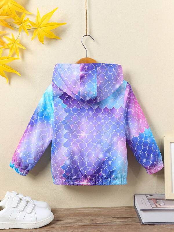 Young Girl Fish Scales Print Zip Up Hooded Jacket Without Sweater