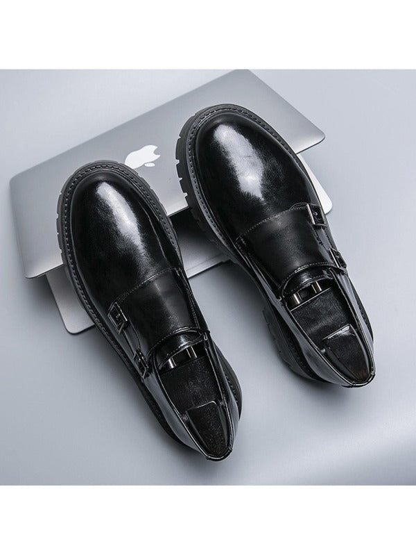 Men Buckle Decor Anti Slip Dress Shoes, Leisure Black Monk Shoes