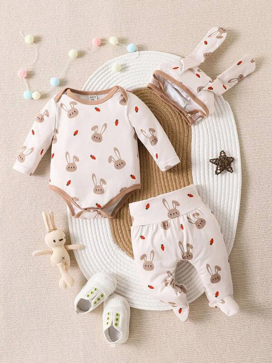 Baby Rabbit Print Contrast Binding Sleep Bodysuit & Footed Pants