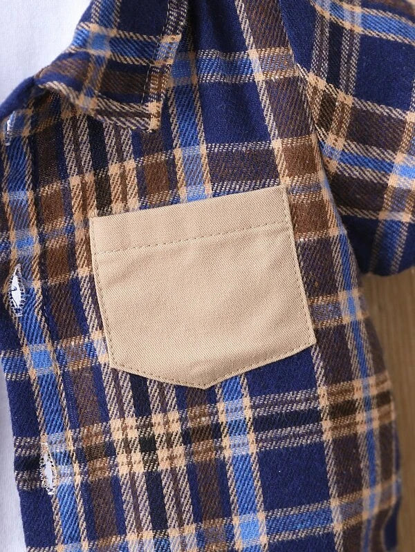 Baby Boy Plaid Patched Pocket Shirt & Shorts Without Tee