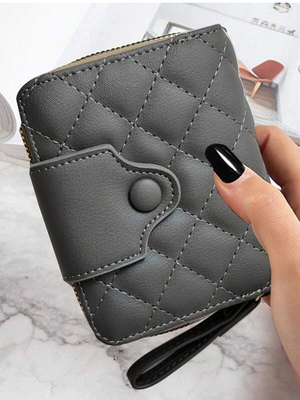 Quilted Small Wallet Snap Button Black