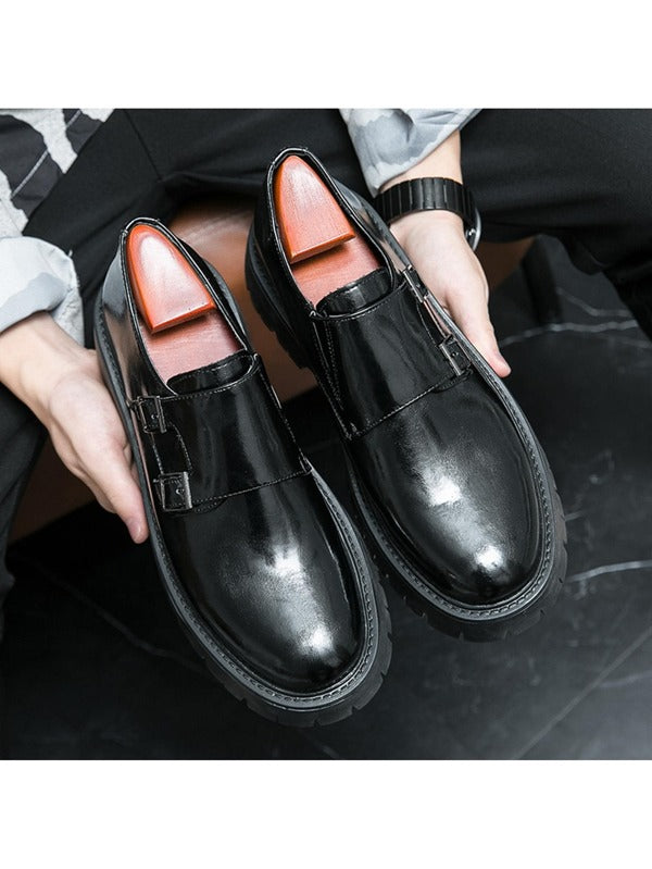 Men Buckle Decor Anti Slip Dress Shoes, Leisure Black Monk Shoes