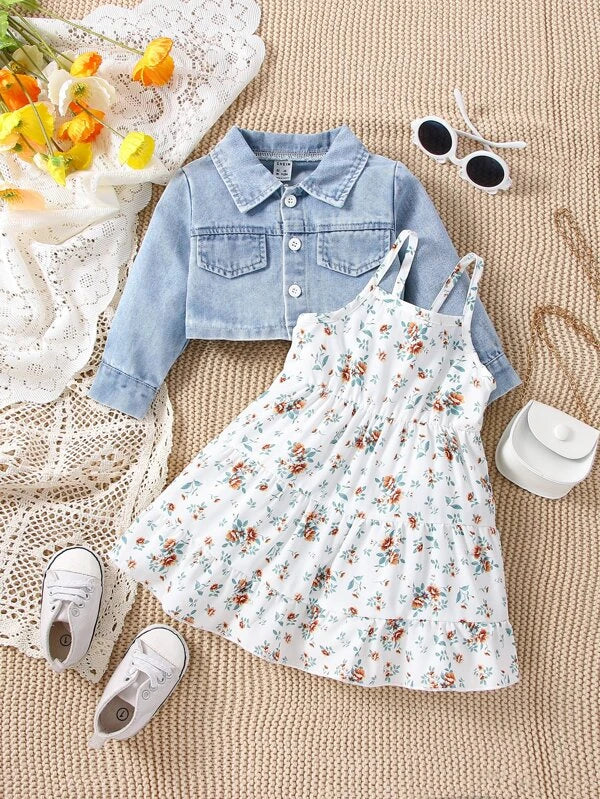 Baby Flap Pocket Denim Jacket & Floral Print Ruffle Hem Cami Dress