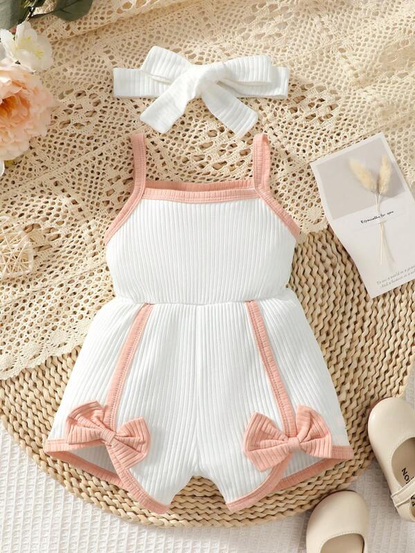 Baby Bow Front Contrast Binding Cami Romper With Headband