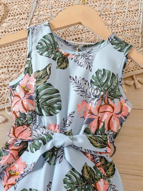 SHEIN Kids EVRYDAY Toddler Girls Tropical Print Belted Tank Jumpsuit