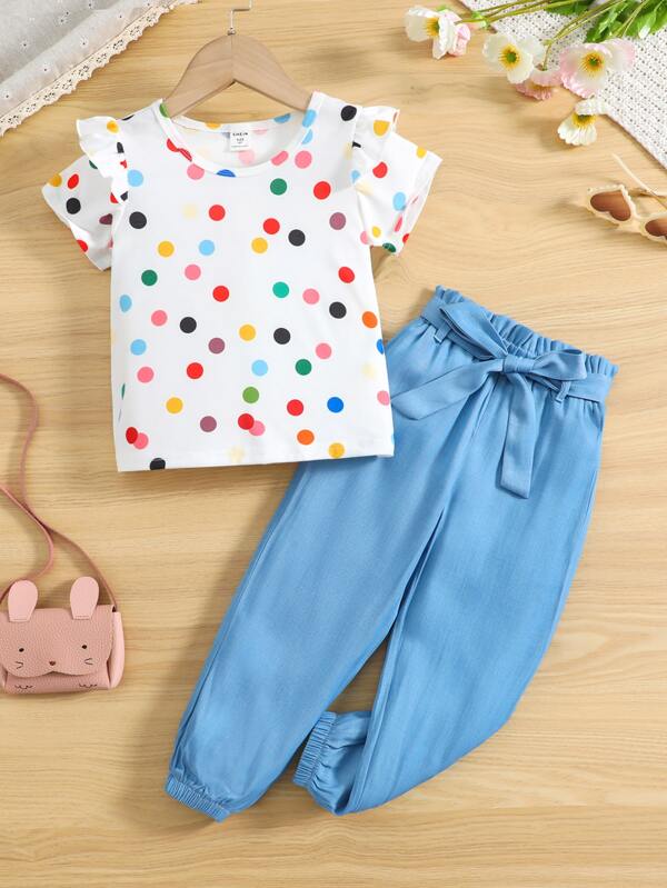 SHEIN Kids EVRYDAY Toddler Girls Polka Dot Print Ruffle Trim Tee & Paperbag Waist Belted Pants