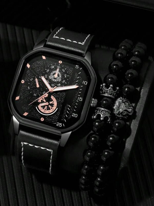 1pc Men Black PU Polyurethane Strap Casual Polygon Dial Quartz Watch & 2pcs Bracelet, For Daily Life