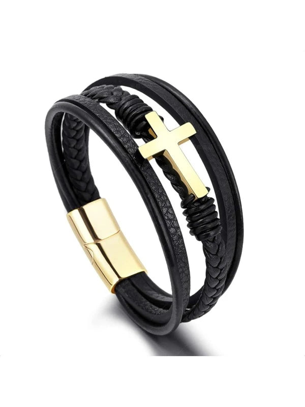 1pc Handmade Braided Pu Leather Magnetic Clasp Cross & Stainless Steel Bracelet, Titanium Steel Jewelry For Men & Women