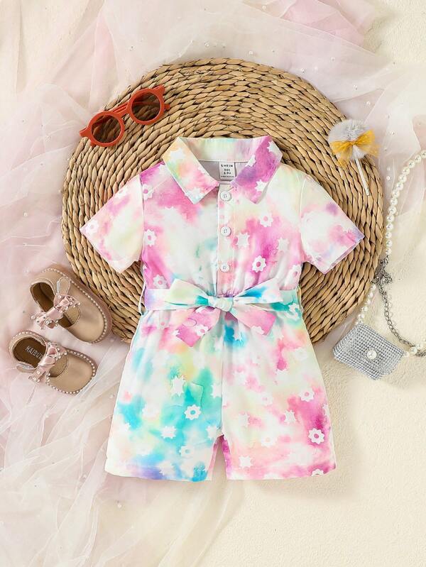 Baby Tie Dye Floral Print Belted Shirt Romper