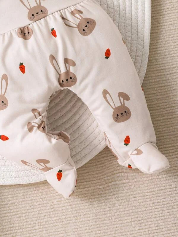 Baby Rabbit Print Contrast Binding Sleep Bodysuit & Footed Pants