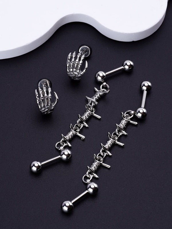 2 pairs/Set Hip Hop Punk 316L Surgical Stainless Steel Skull Hand Bone Stud Earrings Industrial Bar Piercing 14G Straight Barbell Cartilage Earring Statement Body Piercing Jewelry for Women Men