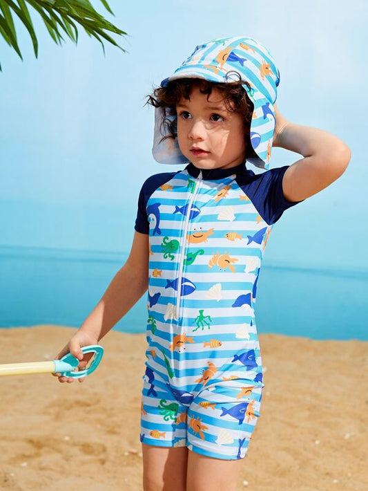 SHEIN Kids QTFun Toddler Boys Cartoon Graphic Zip Front One Piece Swimsuit With Swim Cap