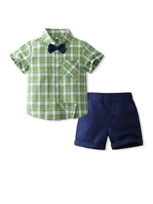 Baby Plaid Print Bow Front Shirt & Shorts