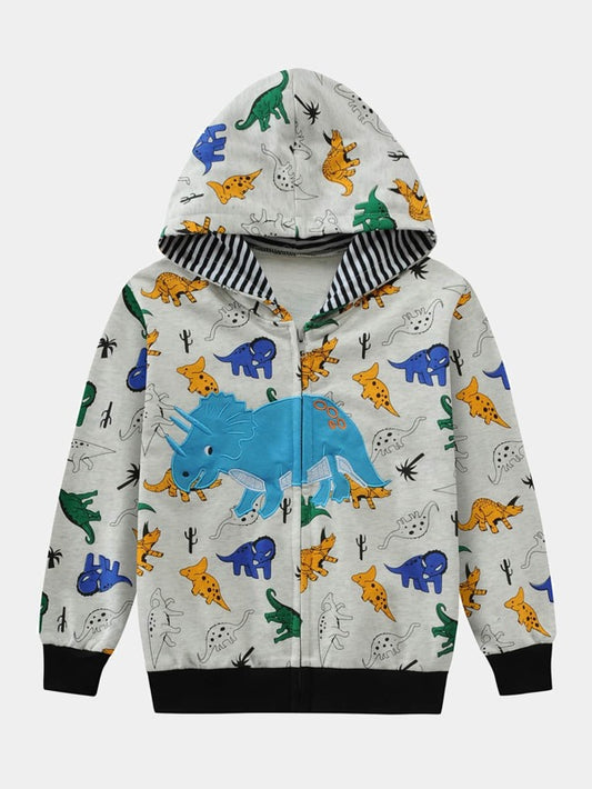 Toddler Boys Dinosaur Print Contrast Trim Hooded Jacket