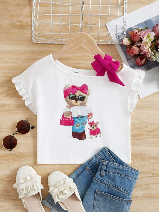 SHEIN Toddler Girls Cartoon Graphic Bow Front Tee