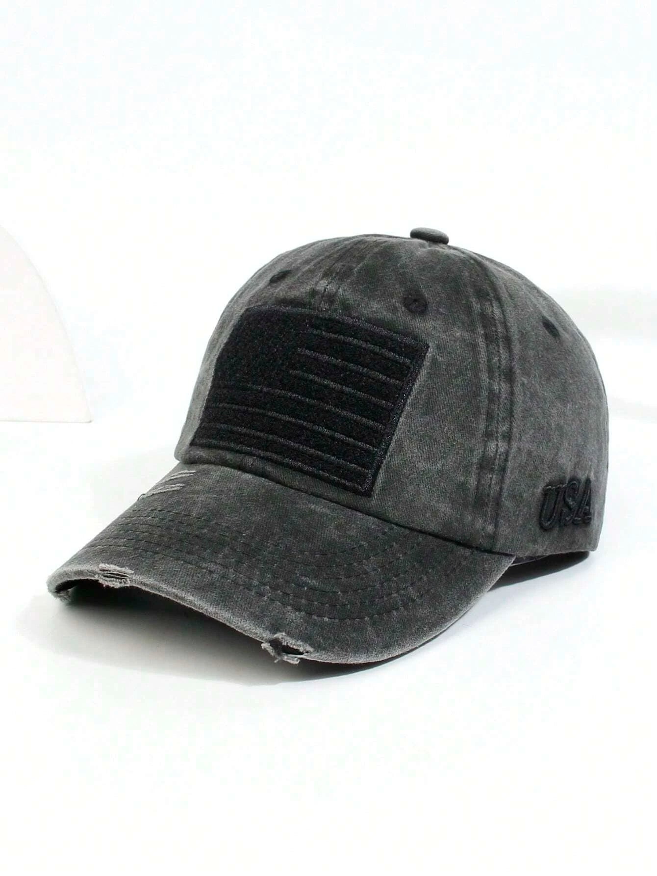 1pc Men American Flag & Letter Embroidered Ripped Adjustable Casual Baseball Cap For Outdoor