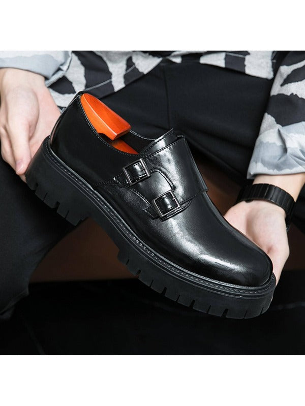 Men Buckle Decor Anti Slip Dress Shoes, Leisure Black Monk Shoes