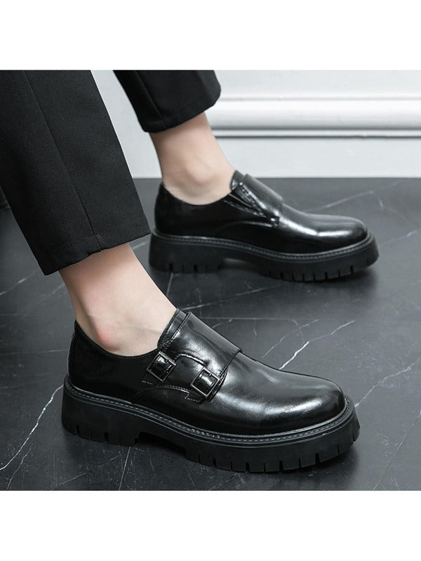 Men Buckle Decor Anti Slip Dress Shoes, Leisure Black Monk Shoes