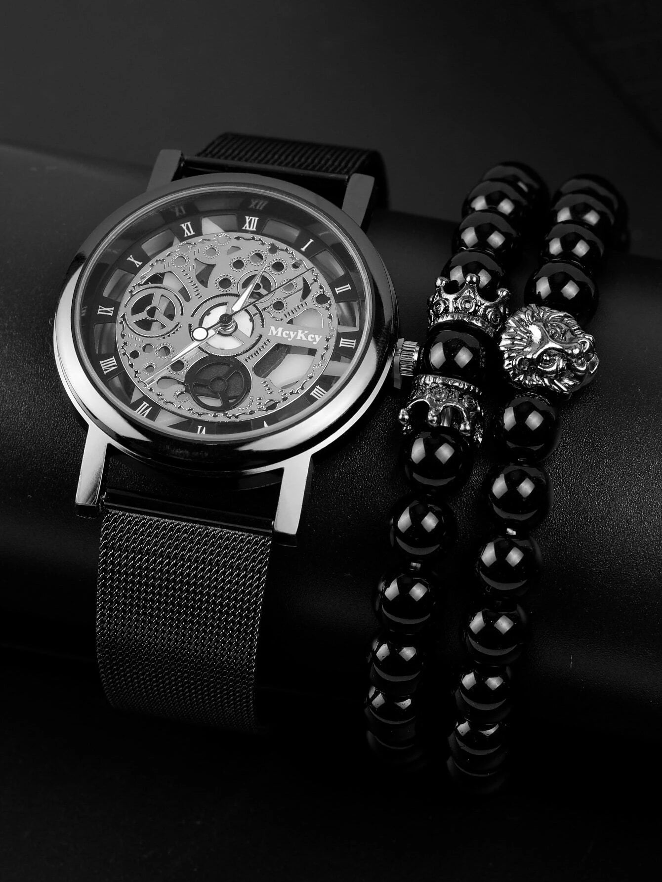 1pc Men Black Zinc Alloy Strap Casual Skeleton Round Dial Quartz Watch & 2pcs Beaded Bracelet, For Daily Life