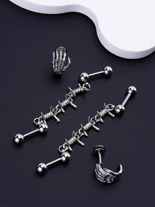 2 pairs/Set Hip Hop Punk 316L Surgical Stainless Steel Skull Hand Bone Stud Earrings Industrial Bar Piercing 14G Straight Barbell Cartilage Earring Statement Body Piercing Jewelry for Women Men