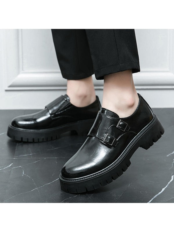 Men Buckle Decor Anti Slip Dress Shoes, Leisure Black Monk Shoes