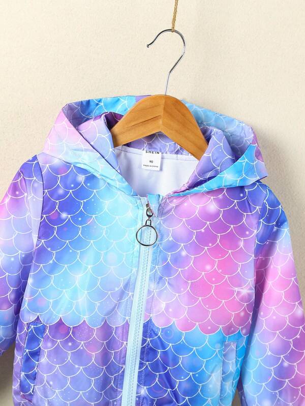 Young Girl Fish Scales Print Zip Up Hooded Jacket Without Sweater