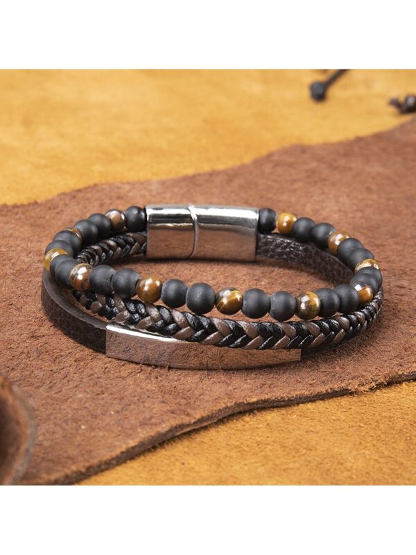 1pc Europe And America Popular Minimalist Handmade Braided Leather Bracelet With Natural Stone, Stainless Steel And Magnet Clasp, Original Design Couple Style, Decent For Men