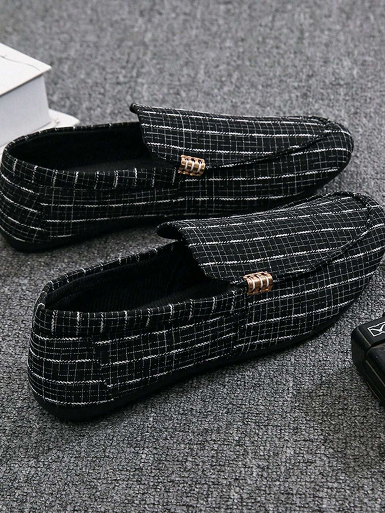 Men Plaid Pattern Driving Loafers, Canvas Fashion Loafers