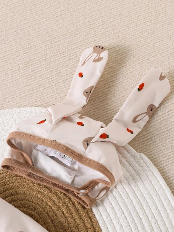 Baby Rabbit Print Contrast Binding Sleep Bodysuit & Footed Pants