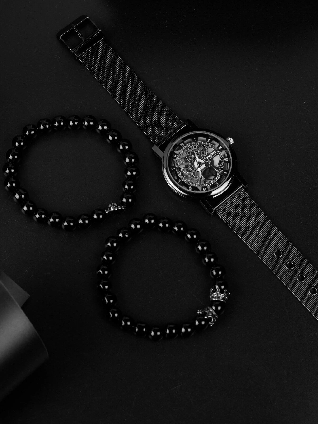 1pc Men Black Zinc Alloy Strap Casual Skeleton Round Dial Quartz Watch & 2pcs Beaded Bracelet, For Daily Life