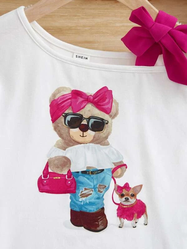 SHEIN Toddler Girls Cartoon Graphic Bow Front Tee