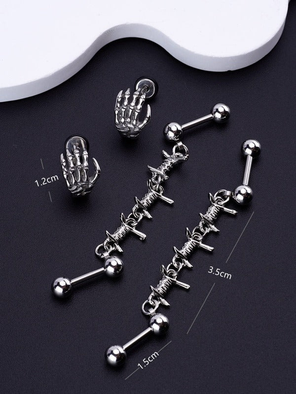 2 pairs/Set Hip Hop Punk 316L Surgical Stainless Steel Skull Hand Bone Stud Earrings Industrial Bar Piercing 14G Straight Barbell Cartilage Earring Statement Body Piercing Jewelry for Women Men