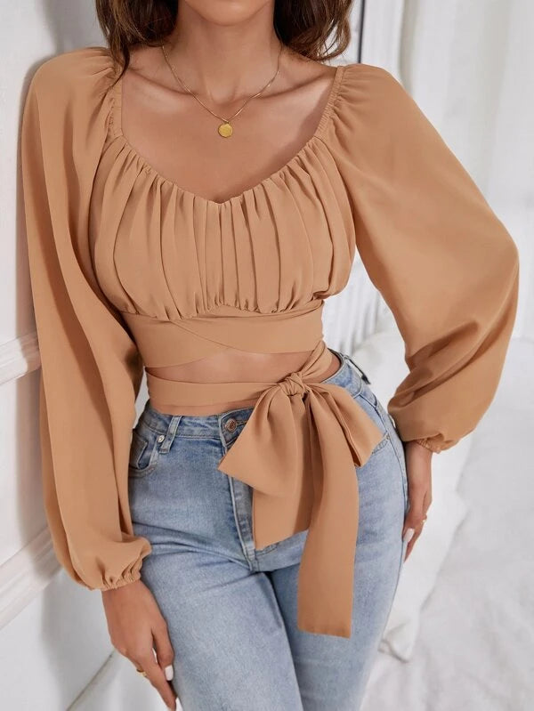 SHEIN VCAY Ruched Bust Lantern Sleeve Knot Front Crop Blouse