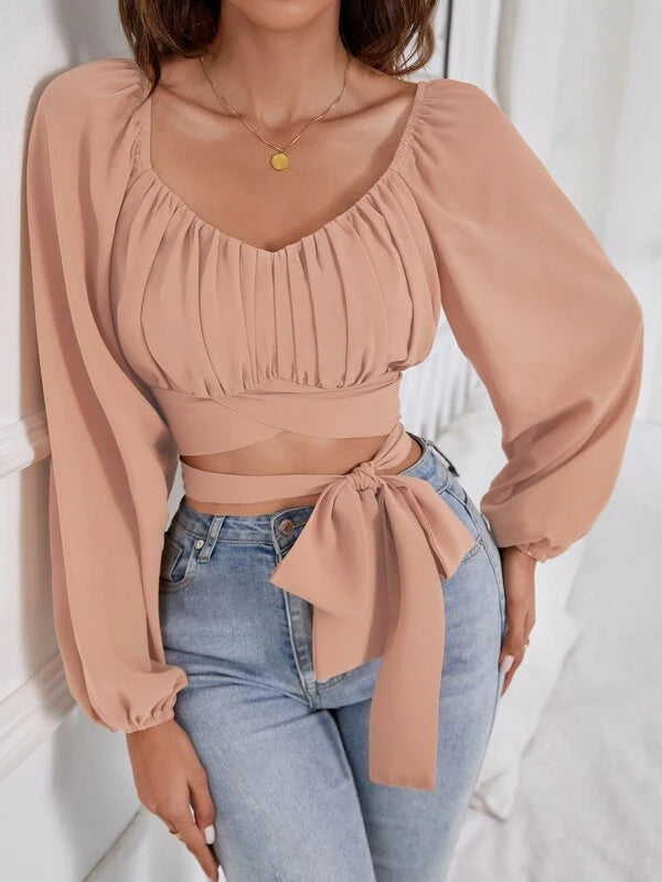 SHEIN VCAY Ruched Bust Lantern Sleeve Knot Front Crop Blouse