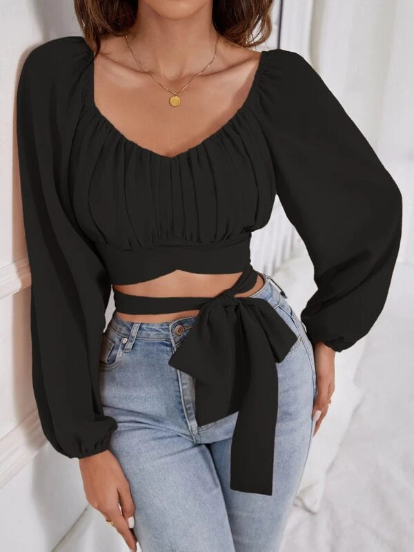 SHEIN VCAY Ruched Bust Lantern Sleeve Knot Front Crop Blouse