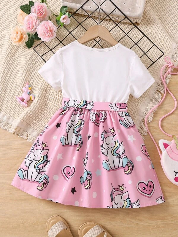 Toddler Girls Unicorn Print Belted Dress
