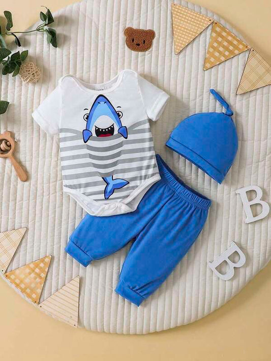 Newborn Baby Shark Print Bodysuit & Sweatpants & Hat