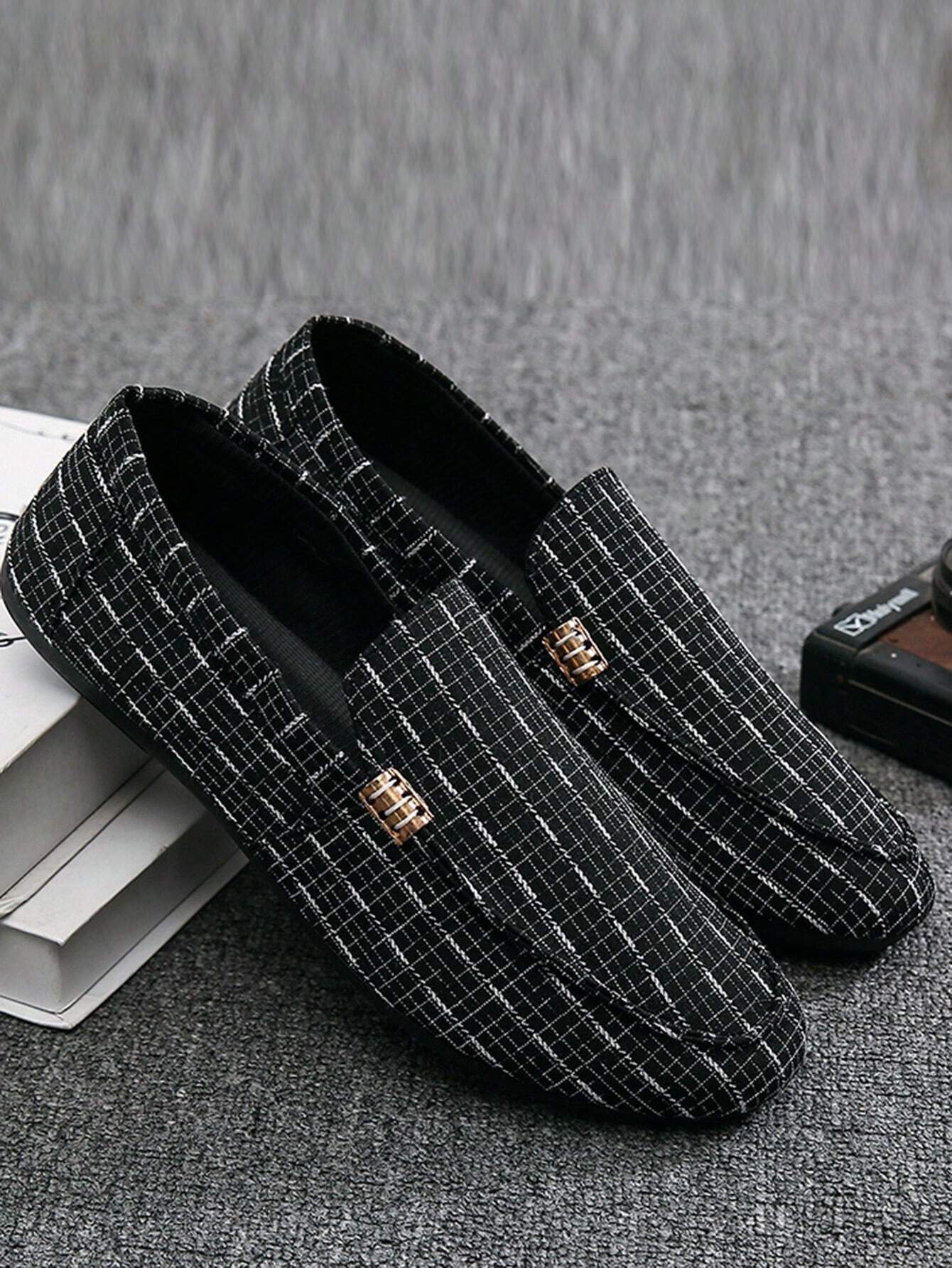 Men Plaid Pattern Driving Loafers, Canvas Fashion Loafers