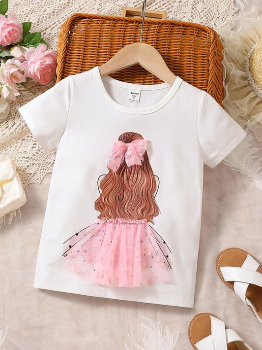 Toddler Girls Figure Graphic Contrast Mesh Appliques Tee